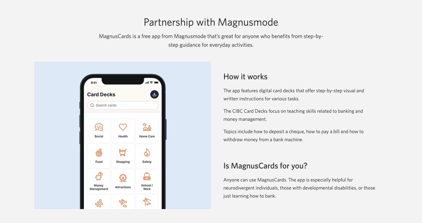 The Partnership with Magnusmode section of the CIBC neurodiversity page, with the MagnusCards app on a phone.