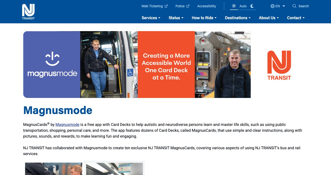 The Magnusmode page on the NJ Transit website, with a banner of riders on a bus and on a train platform.