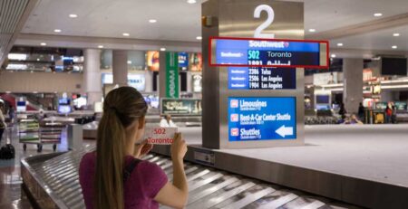 Woman picking up bag at airport baggafe claim